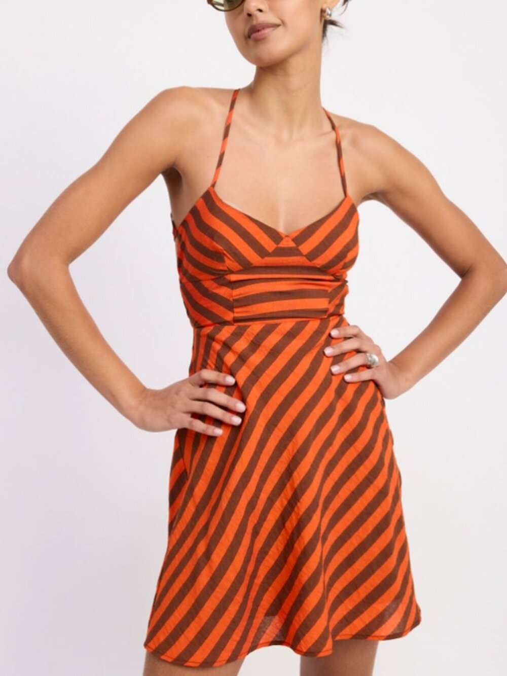 Vici Orange and Brown Striped Strappy Mini Dress